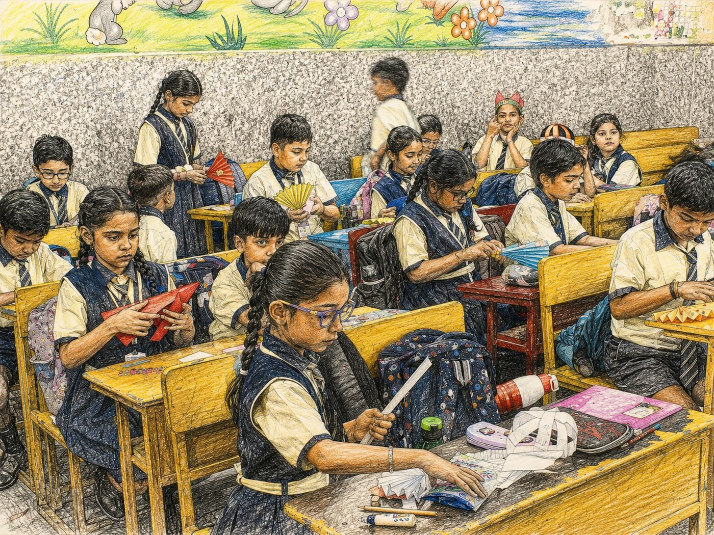 Middle Stage students engaged in a hands-on paper-craft classroom activity