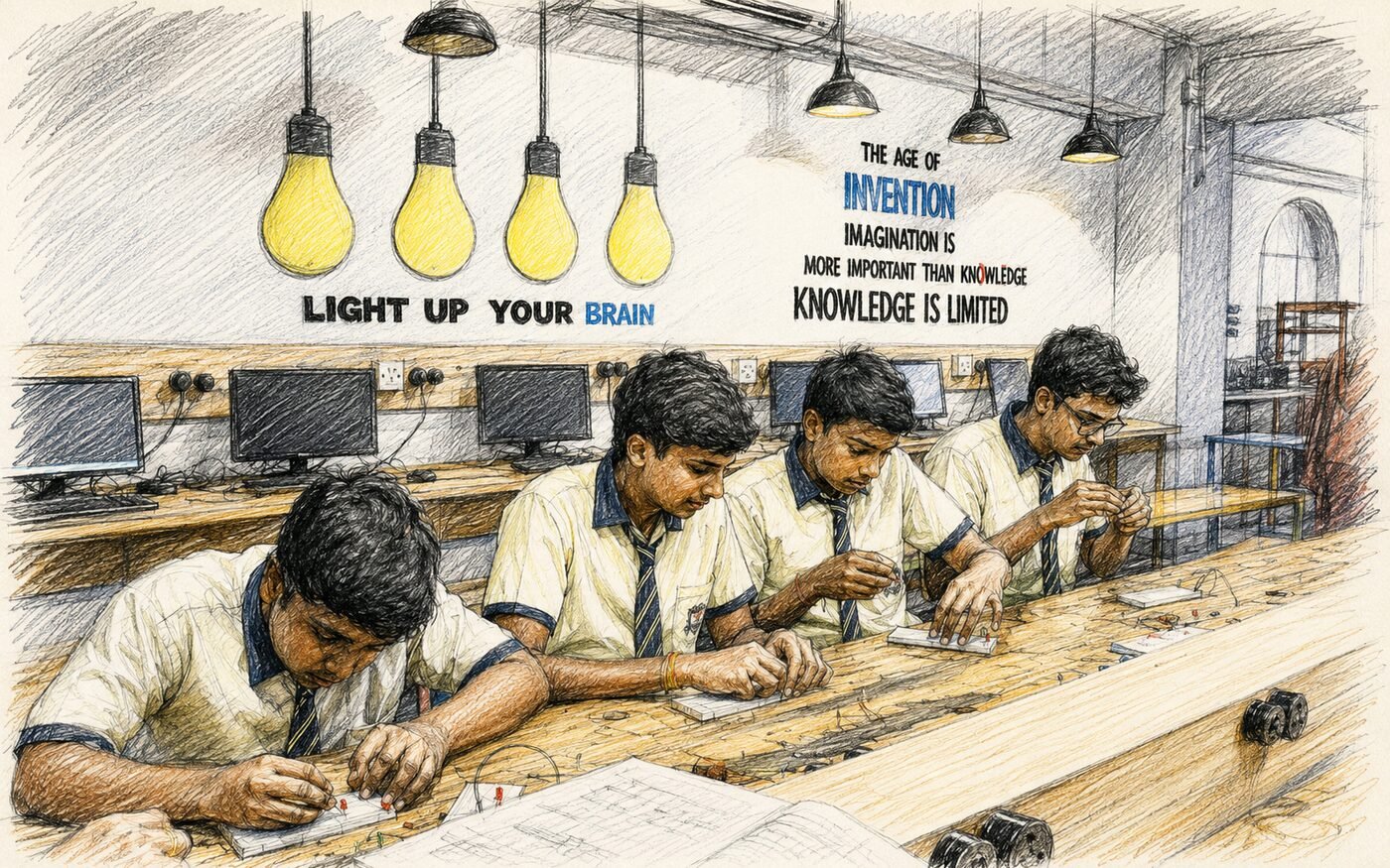 Senior students working on an electronics and innovation practical session