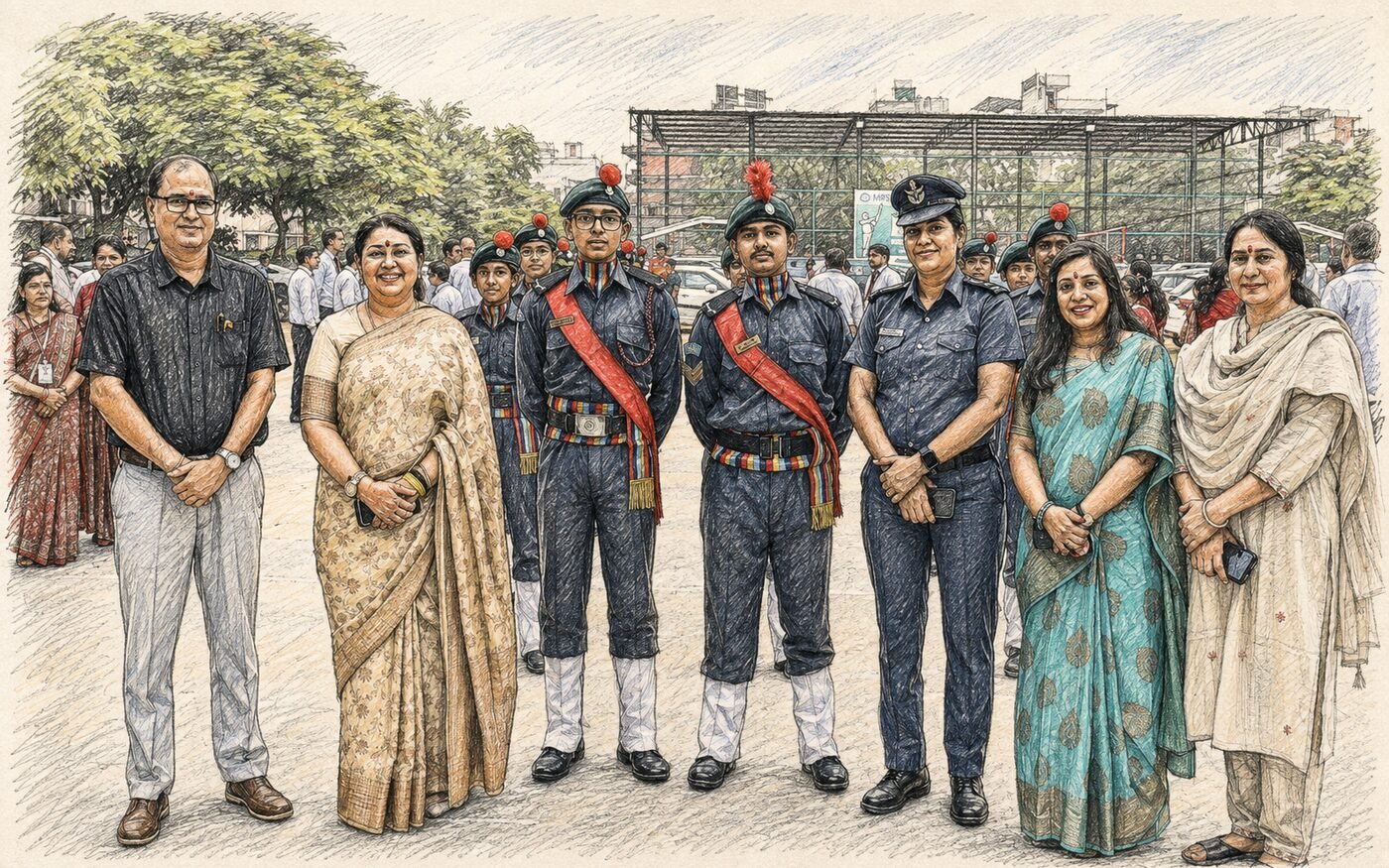 School leadership with senior NCC cadets at a formal event