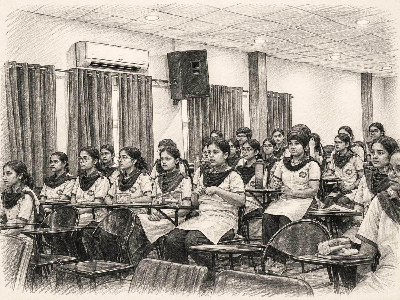 Senior students attentively taking part in a school assembly