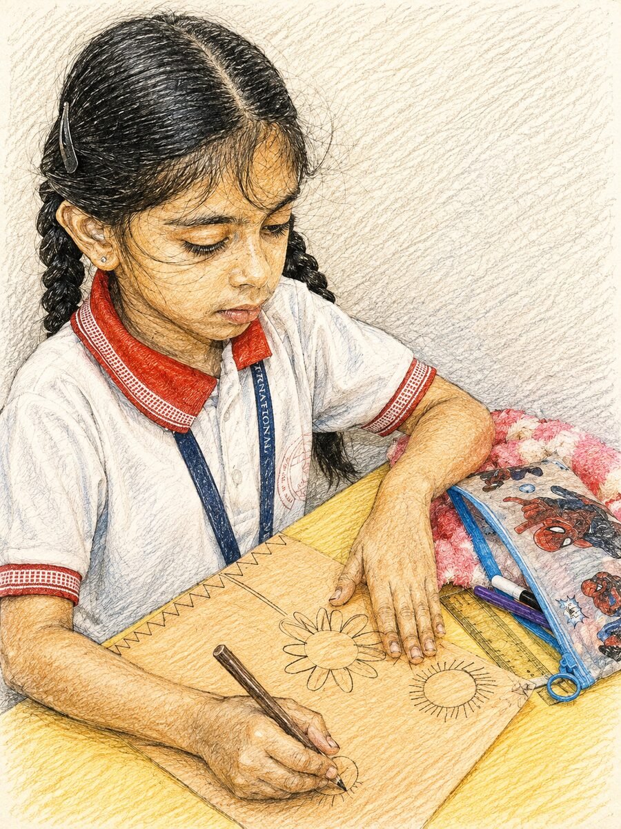 A young student concentrating on a drawing activity