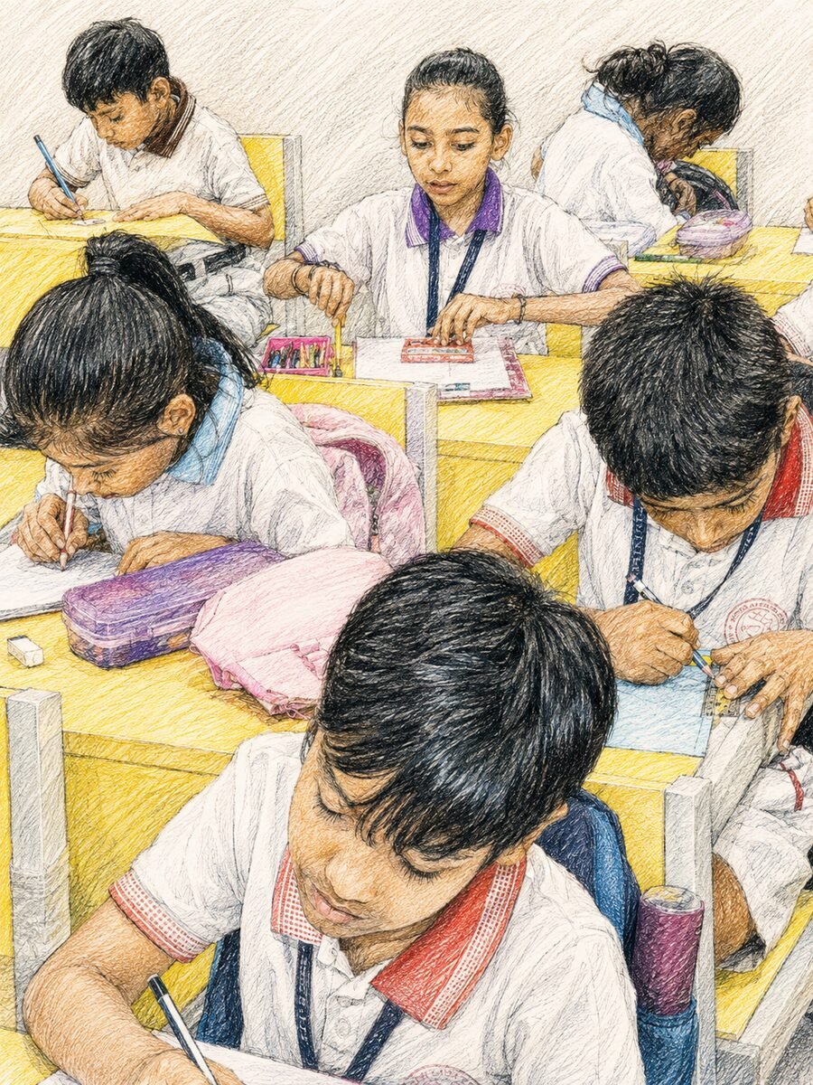 Children at their desks writing and colouring during a classroom activity
