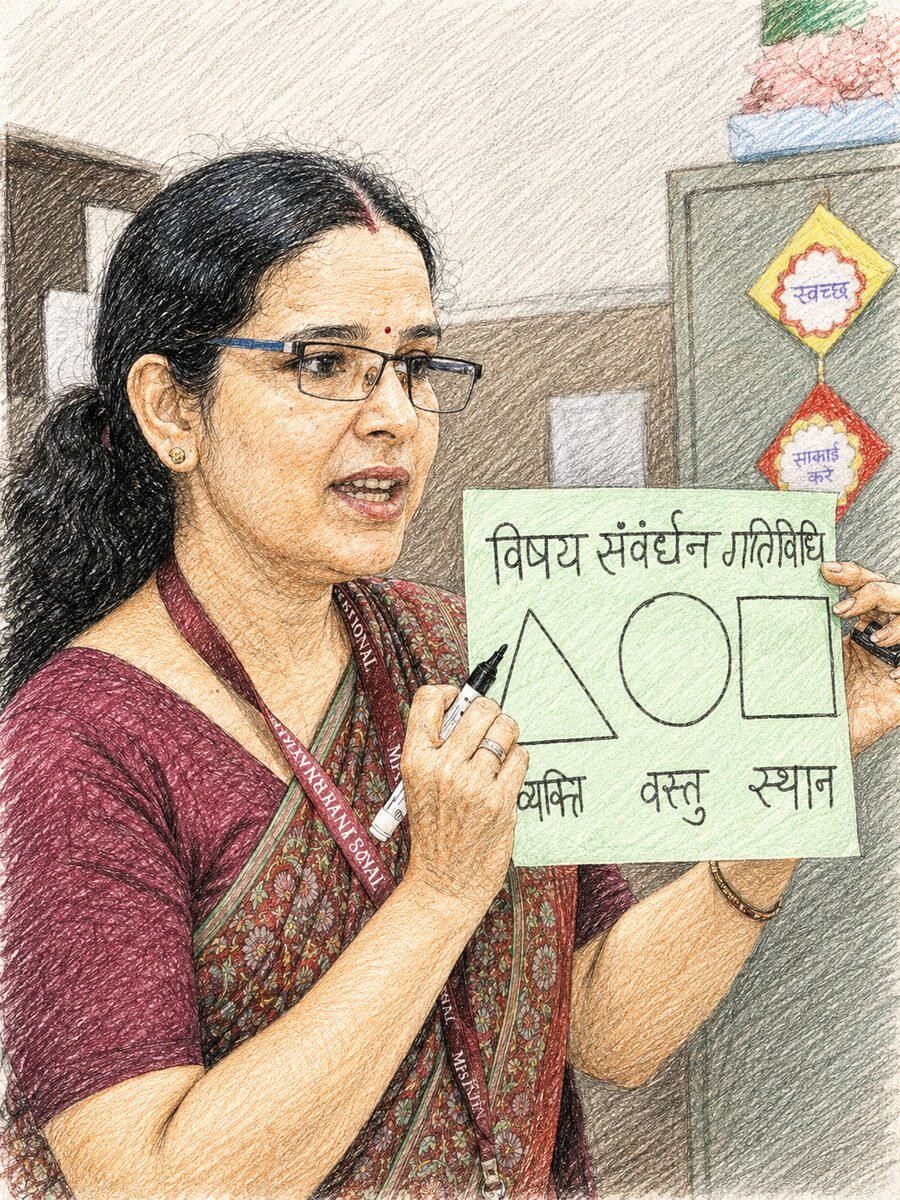 A teacher presenting a language and concept activity chart to the class