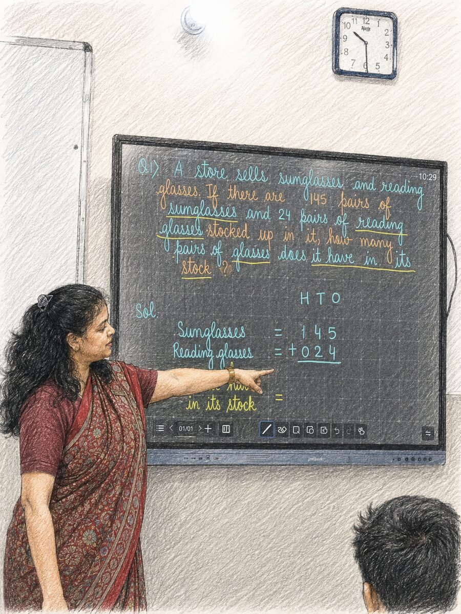 A teacher guiding a lesson on an interactive smartboard