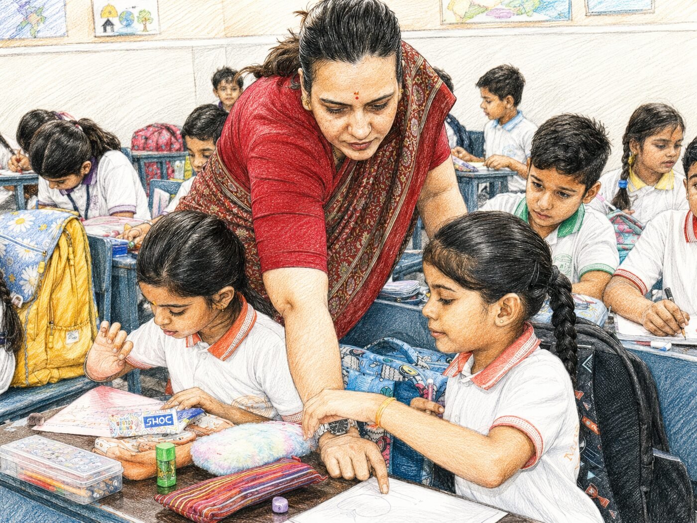 A teacher guiding two young Foundational Stage students through a hands-on classroom activity
